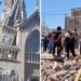 Split screen. Left, church is seen damaged after earthquake. Right, damage is seen from the earthquake.