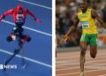 Composite image showing the robot on the track next to a file photo of Bolt sprinting on a track