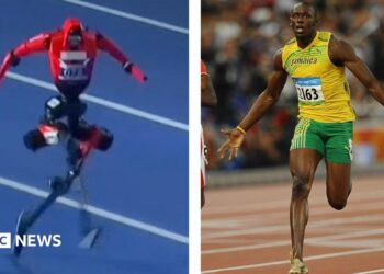 Composite image showing the robot on the track next to a file photo of Bolt sprinting on a track