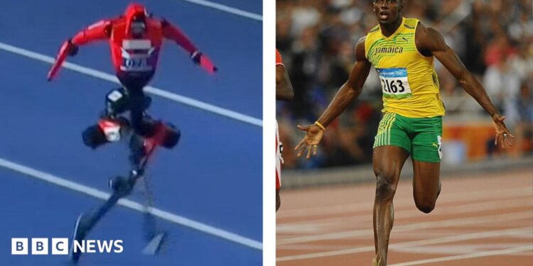 Composite image showing the robot on the track next to a file photo of Bolt sprinting on a track