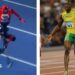 Composite image showing the robot on the track next to a file photo of Bolt sprinting on a track