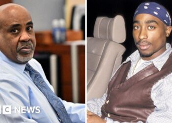 On the left, Duane "Keffe D" Davis wearing a blue tie; on the right, a photo of Tupac.