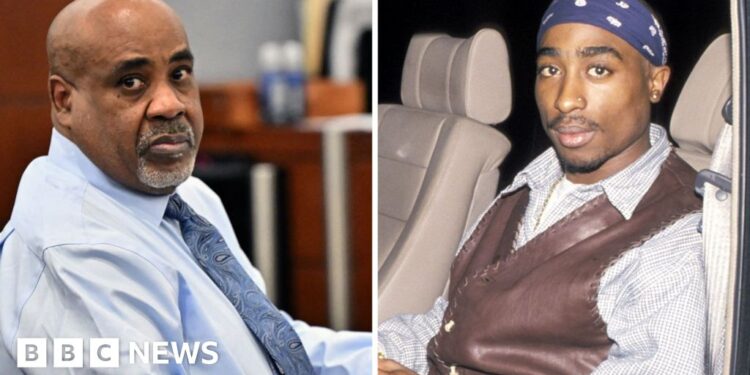 On the left, Duane "Keffe D" Davis wearing a blue tie; on the right, a photo of Tupac.