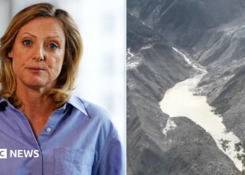 Laura Bicker in a blue shirt (l) and a mountaintop lake (r)