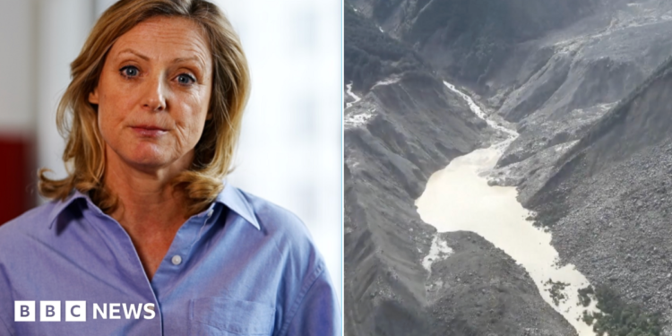 Laura Bicker in a blue shirt (l) and a mountaintop lake (r)