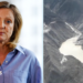 Laura Bicker in a blue shirt (l) and a mountaintop lake (r)