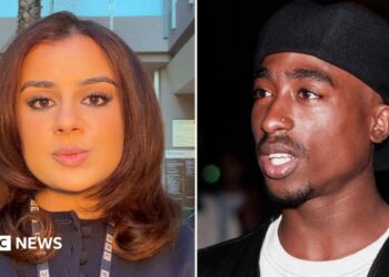Split screen of Anoushka Mutanda-Dougherty (L) and Tupac Shakur (R)