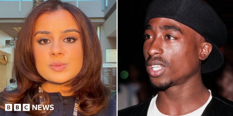 Split screen of Anoushka Mutanda-Dougherty (L) and Tupac Shakur (R)