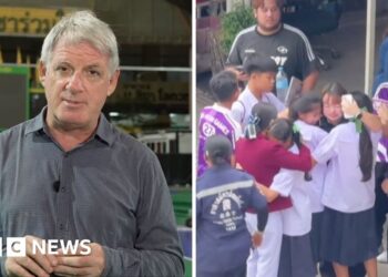 Jonathan Head in a split screen with Thai students hugging each other.