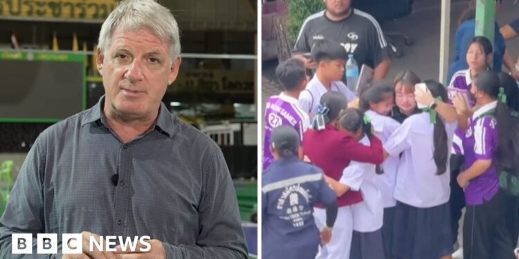 Jonathan Head in a split screen with Thai students hugging each other.