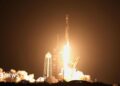 File image of a a Space X Falcon 9 rocket launching from Cape Canaveral, Florida, on 15 January 2025. Flame from the rocket are visible at the base as it hurtles into the air