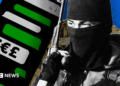 A composite image showing a stylised rendition of a phone with WhatsApp-style text message bubbles in grey and green, with one displaying currency symbols. On the right-hand side is an image of an IS militant with his face covered with a balaclava and carrying an assault rifle, with an image of war-torn Syria behind him.