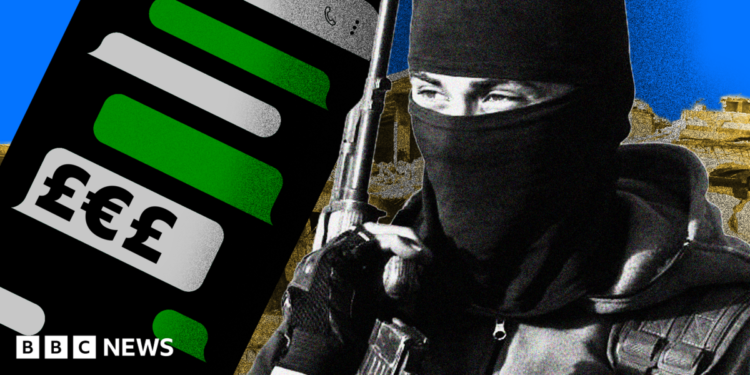 A composite image showing a stylised rendition of a phone with WhatsApp-style text message bubbles in grey and green, with one displaying currency symbols. On the right-hand side is an image of an IS militant with his face covered with a balaclava and carrying an assault rifle, with an image of war-torn Syria behind him.