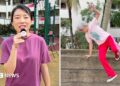 The BBC's Kelly Ng in a split screen with a woman with grey hair wearing pink and doing parkour.