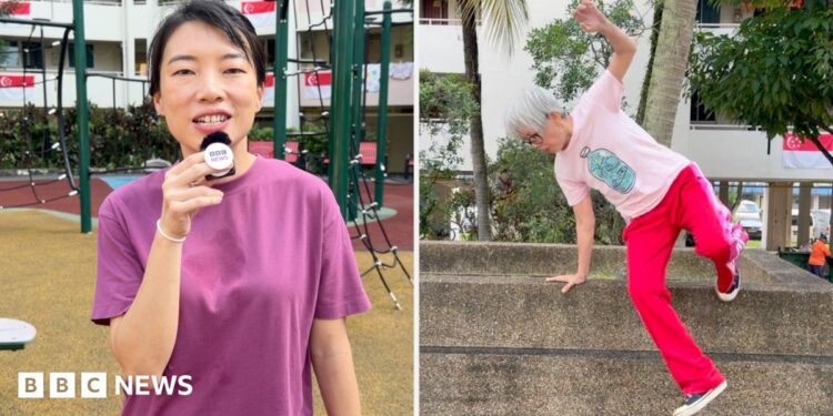 The BBC's Kelly Ng in a split screen with a woman with grey hair wearing pink and doing parkour.