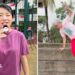 The BBC's Kelly Ng in a split screen with a woman with grey hair wearing pink and doing parkour.