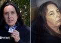 Split screen of BBC correspondent Katy Watson standing outside and Erin Patterson in a police truck