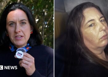 Split screen of BBC correspondent Katy Watson standing outside and Erin Patterson in a police truck