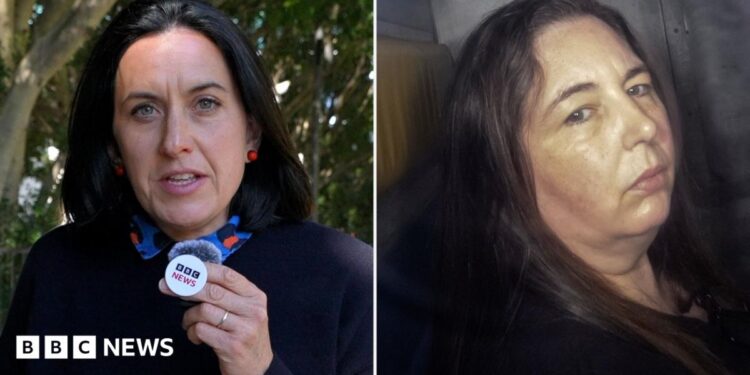 Split screen of BBC correspondent Katy Watson standing outside and Erin Patterson in a police truck