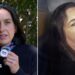 Split screen of BBC correspondent Katy Watson standing outside and Erin Patterson in a police truck