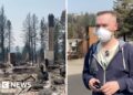 Split screen. Left, a house is burned down. Right, a resident is being interviewed by BBC.