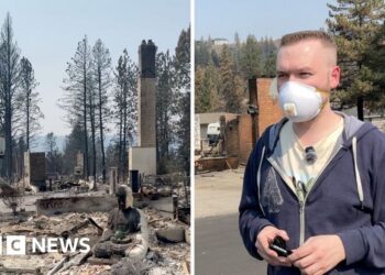 Split screen. Left, a house is burned down. Right, a resident is being interviewed by BBC.