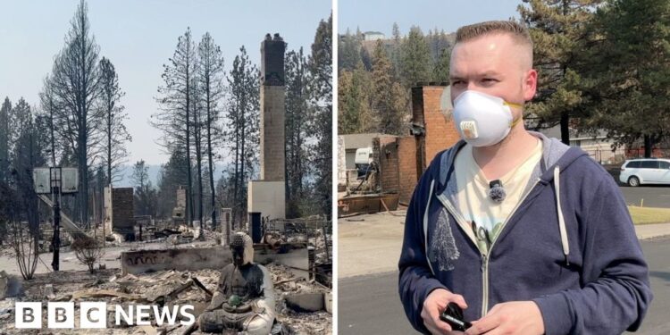 Split screen. Left, a house is burned down. Right, a resident is being interviewed by BBC.