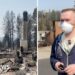 Split screen. Left, a house is burned down. Right, a resident is being interviewed by BBC.
