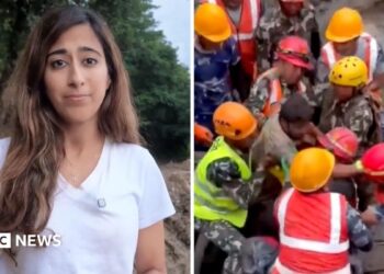 (Left) Azadeh Moshiri in Nepal, (Right) Rescuers wearing hard hats and high visibility jackets hold a rescued man.