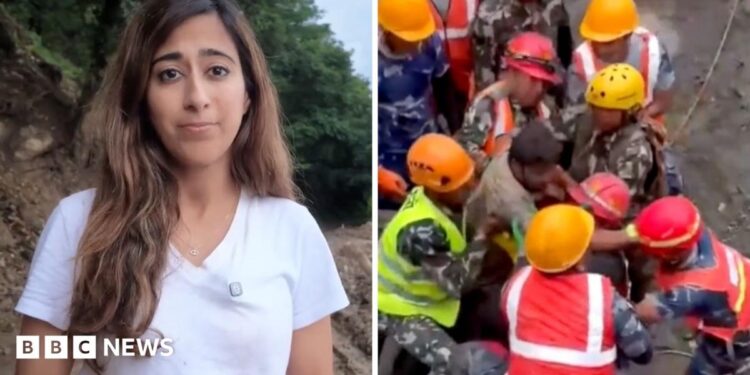 (Left) Azadeh Moshiri in Nepal, (Right) Rescuers wearing hard hats and high visibility jackets hold a rescued man.
