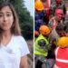 (Left) Azadeh Moshiri in Nepal, (Right) Rescuers wearing hard hats and high visibility jackets hold a rescued man.