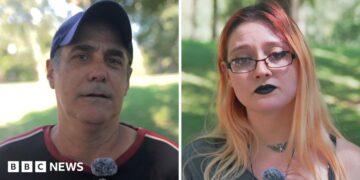 On the left, a man in a black shirt; on the right, a woman in a green shirt.