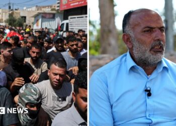 Split image of funeral procession and father of killed teen speaking to the BBC