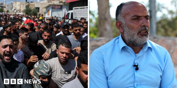 Split image of funeral procession and father of killed teen speaking to the BBC