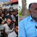 Split image of funeral procession and father of killed teen speaking to the BBC