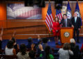 U.S. House Speaker Mike Johnson (R-LA) attends a press conference with Republican House Leadership, on Capitol Hill in Was...