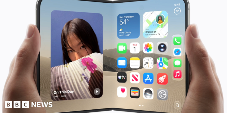 An image of the new foldable iPhone Duo in a woman's hands, being opened like a book.
