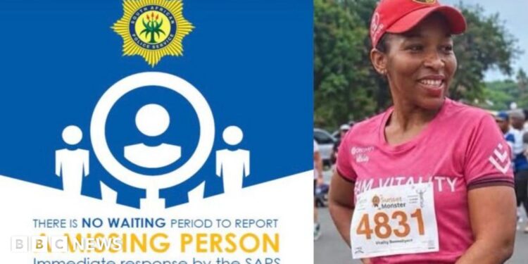 A poster from the South African police which reads: There is no waiting period to report a missing person, next to a photo of Elizabeth Moselakgomo. She is wearing a pink running top with a number pinned to it, along with a pink cap. She is smiling.