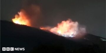 Fire and smoke rise at an ammunition storage facility near Gorni Varpishta, central Bulgaria. Photo: 12 September 2026.