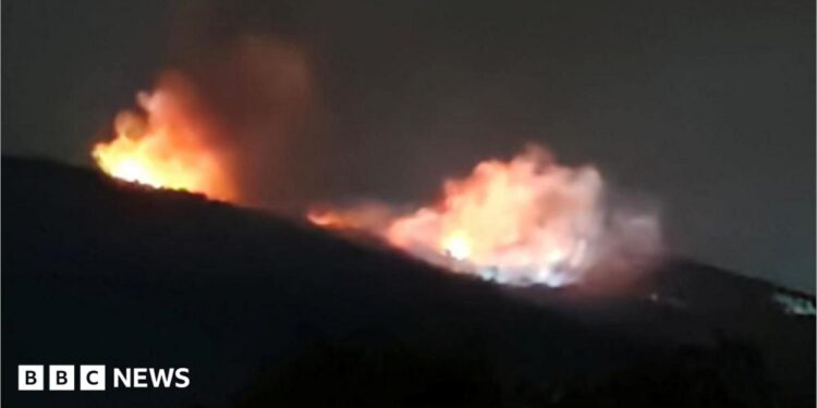 Fire and smoke rise at an ammunition storage facility near Gorni Varpishta, central Bulgaria. Photo: 12 September 2026.