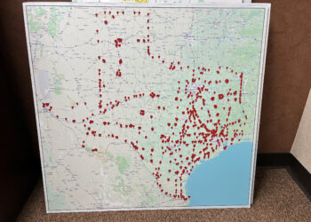 A maps from the Texas Department of Public Safety presented in January 2025 to the Motor Vehicle Crime Prevention Authority displaying proposed Flock camera locations. DPS presented the map, with 1,183 proposed cameras, during a presentation asking the vehicle authority to fund the devices through a $15.9 million contract.