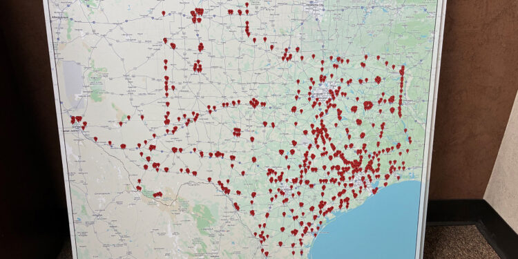 A maps from the Texas Department of Public Safety presented in January 2025 to the Motor Vehicle Crime Prevention Authority displaying proposed Flock camera locations. DPS presented the map, with 1,183 proposed cameras, during a presentation asking the vehicle authority to fund the devices through a $15.9 million contract.