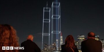 A group of people watching a drone light display showing the Twin Towers.