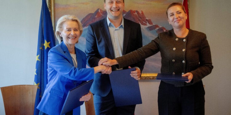Danish PM Frederiksen, EU President Leyen and Greenland's PM Nielsen sign a joint declaration in Nuuk