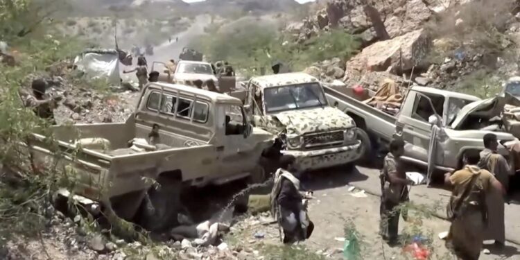 Aftermath of what a Houthi-owned TV network says are strikes on pro-government forces at an unknown location in Yemen