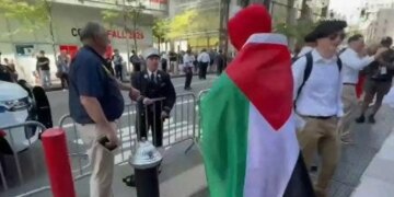 Firefighter confronting pro-Palestinian protester in Elmo costume