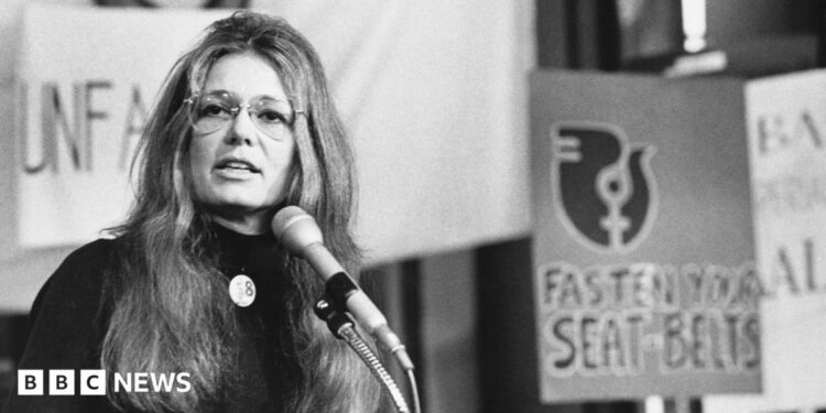 American feminist and activist Gloria Steinem speaks at a rally outside the United Nations in New York in 1978.
