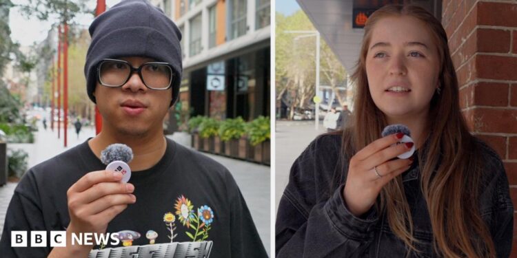 Split image, on the left is a young man wearing glasses and a beanie, on the right is a young woman wearing a black jacket. They are both standing on the street in Sydney, Australia.