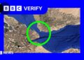 A satellite image highlighting the Bab al-Mandab Strait. There is blue and green BBC Verify branding in the top left.