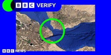 A satellite image highlighting the Bab al-Mandab Strait. There is blue and green BBC Verify branding in the top left.